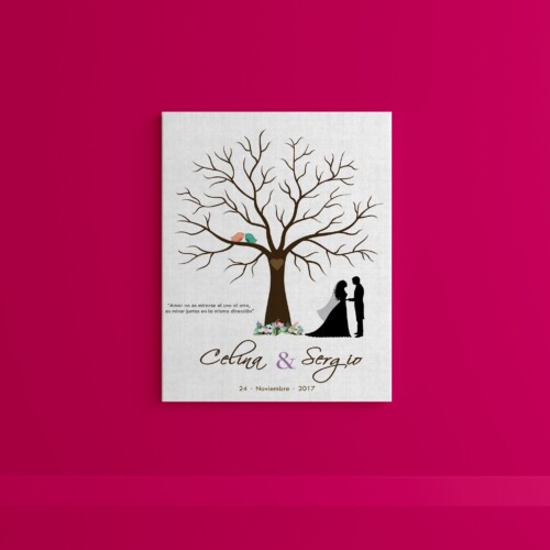 Árbol de huellas con flores vintage, pajaritos y pareja de novios, personalizado con los datos del día mas hermoso de tu vida