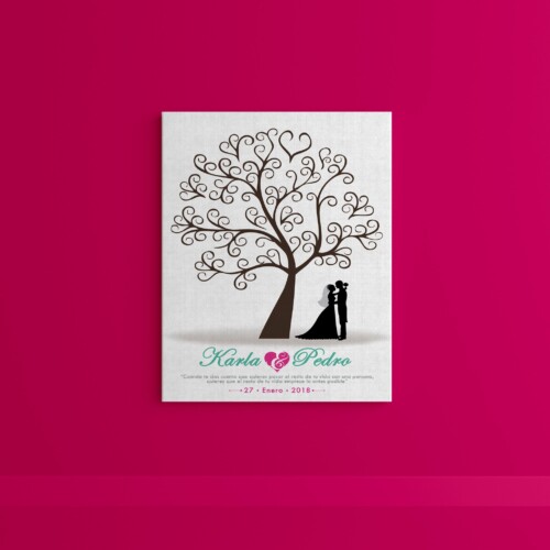 Árbol de huellas frondoso con pareja de novios, personalizado con los datos del día mas hermoso de tu vida
