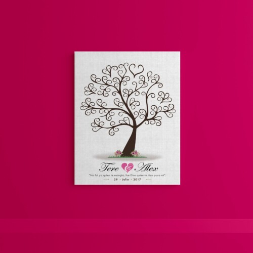 Árbol de huellas frondoso con flores rosas, personalizado con los datos del día mas hermoso de tu vida