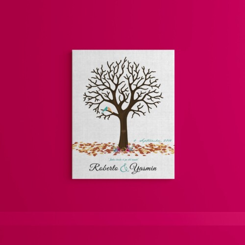 Árbol de huellas con pajaritos y hojas sobre el suelo, personalizado con los datos del día mas hermoso de tu vida