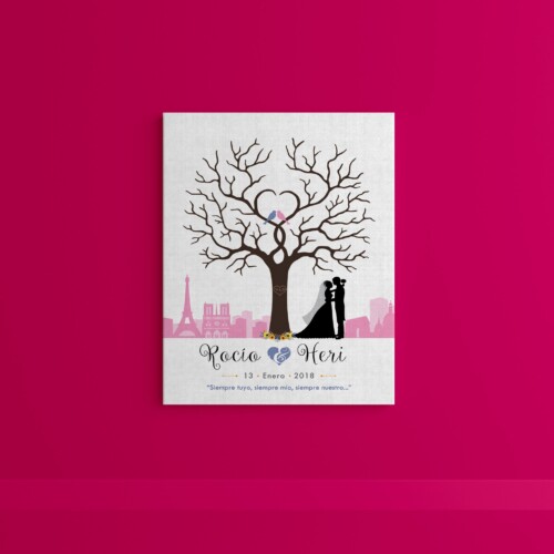 Árbol de huellas con skyline de París y pareja de novios, personalizado con los datos del día mas hermoso de tu vida