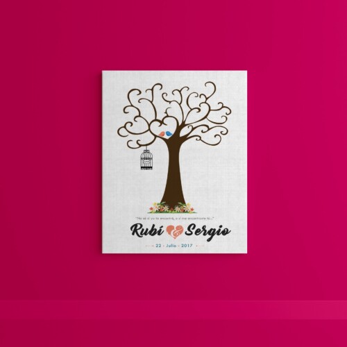 Árbol de huellas con pajaritos, jaula y flores, personalizado con los datos del día mas hermoso de tu vida