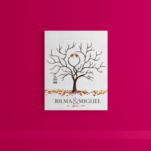 Árbol de huellas con pajaritos, jaula y hojas, personalizado con los datos del día mas hermoso de tu vida