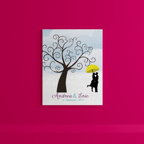 Árbol de huellas con pareja de novios y paraguas amarilla, personalizado con los datos del día mas hermoso de tu vida