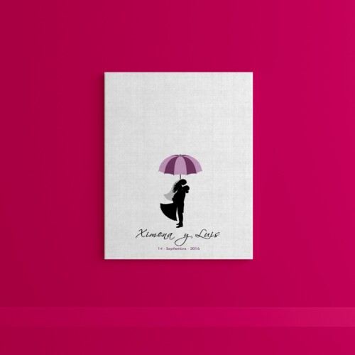 Cuadro de huellas con pareja cubriendose la lluvia de huellas con un lindo paraguas, personalizado con los datos del día mas hermoso de tu vida
