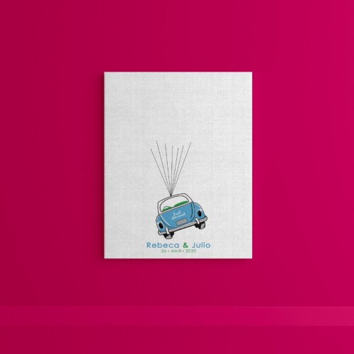 Cuadro de huellas con carrito vintage sujetado por globos formados por las huellas de tus invitados , personalizado con los datos del día mas hermoso de tu vida