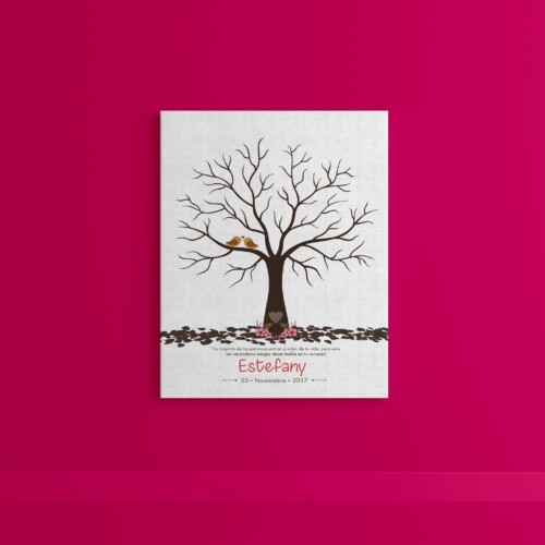 Árbol de huellas con pajaritos y hojas en el suelo, personalizado para tu Despedida de Soltera, Cumpleaños o Boda