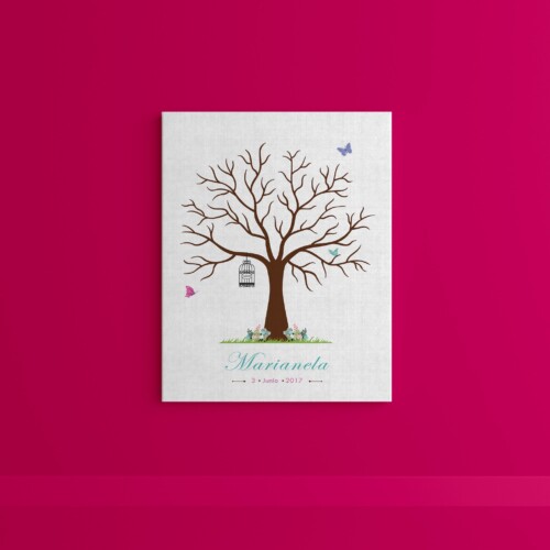 Árbol de huellas con mariposas y jaulitas, personalizado para tu Despedida de Soltera, Cumpleaños o Boda