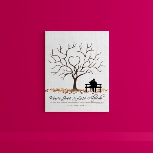 Árbol de huellas con pareja de novios en banca y hojas, personalizado con los datos del día mas hermoso de tu vida