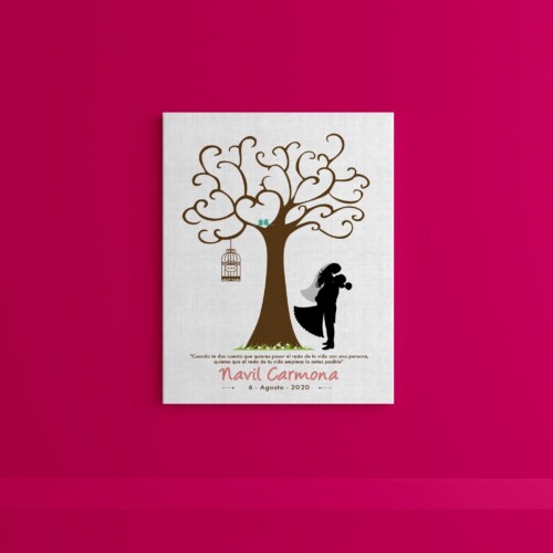 Árbol de huellas con pajaritos, jaula y pareja de novios, personalizado para tu Despedida de Soltera, Cumpleaños o Boda