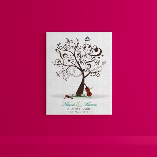 Árbol de huellas con notas musicales, violín y Violonchello, personalizado para celebrar Aniversarios o momentos especiales y únicos