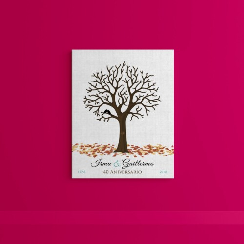 Árbol de huellas con pajaritos y hojas sobre el suelo, personalizado para celebrar Aniversarios o momentos especiales y únicos