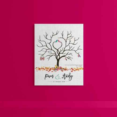 Árbol de huellas estilo boho, personalizado con los datos del día mas hermoso de tu vida