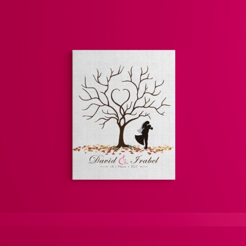 Árbol de huellas con pareja de novios enamorada y hojas, personalizado con los datos del día mas hermoso de tu vida