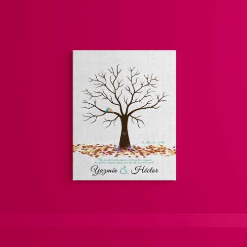 Árbol de huellas con corazón grabado, pajaritos y hojas, personalizado con los datos del día mas hermoso de tu vida