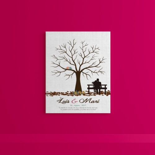 Árbol de huellas con pareja de novios en banca, flores amarillas y hojas color café, personalizado con los datos del día mas hermoso de tu vida