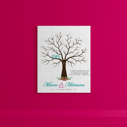 Árbol de huellas con parejita de búhos, personalizado con los datos del día mas hermoso de tu vida