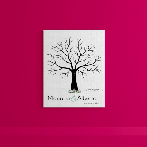 Árbol de huellas color negro con flores vintage, personalizado con los datos del día mas hermoso de tu vida