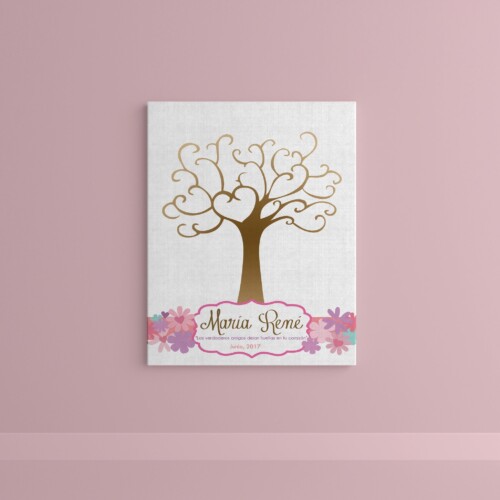 Cuadro de huellas fondo blanco banda rosa y flores grandes