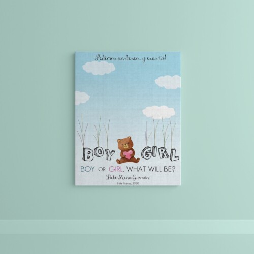 Cuadro de Gender Reveal Fondo azul con nubes, "Boy or Girl" con osito